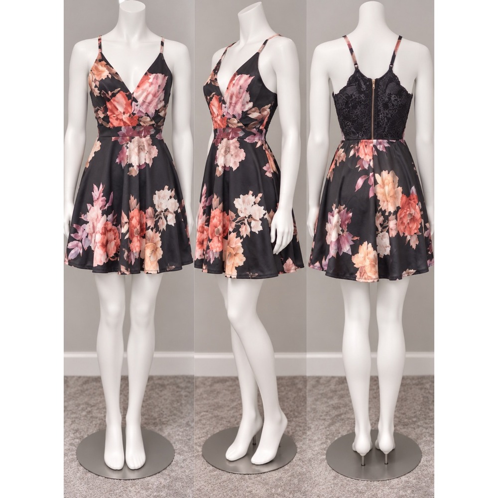 NWT Charlotte Russe Skater Dress Womens Large Black Floral Lace Back Zipper